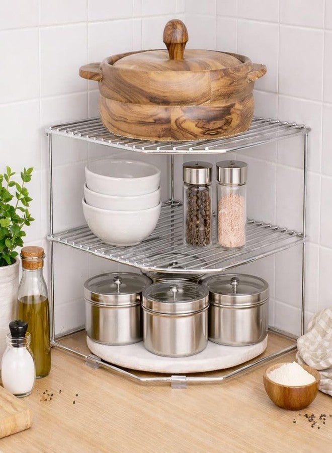 CHHAAP Stainless Steel 2 Level Kitchen Storage Rack for Corners, Multipurpose Kitchen Space Organizer Corner Shelf Rack Stand Holder (NHSP) (Pack of 1) - Image 1