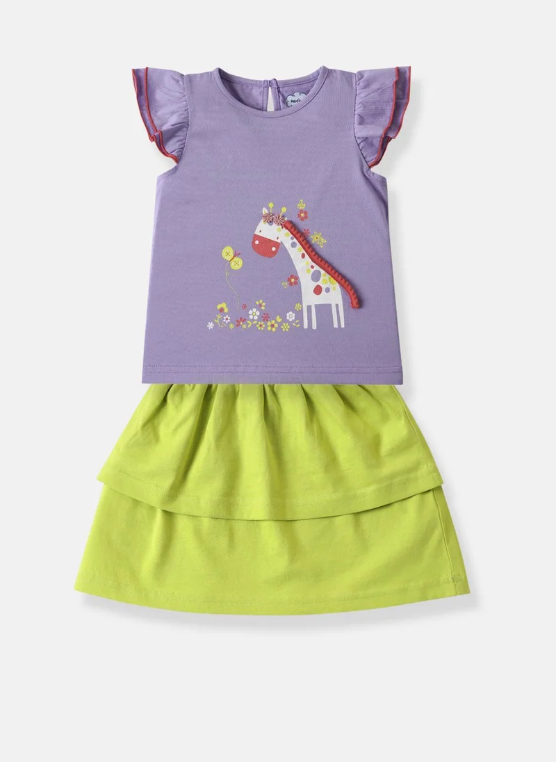 Nautinati Girls' Cotton Ruffle Sleeve Graphic Printed Top and Tiered Skirt Set