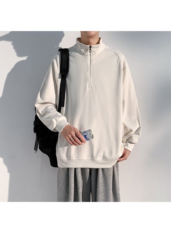Homlean American-style High-end Hoodie For Men, Autumn Loose-fit Trendy Pullover Stand-collar Half-zip Base Layer Hm06 Off-white XL - Image 1