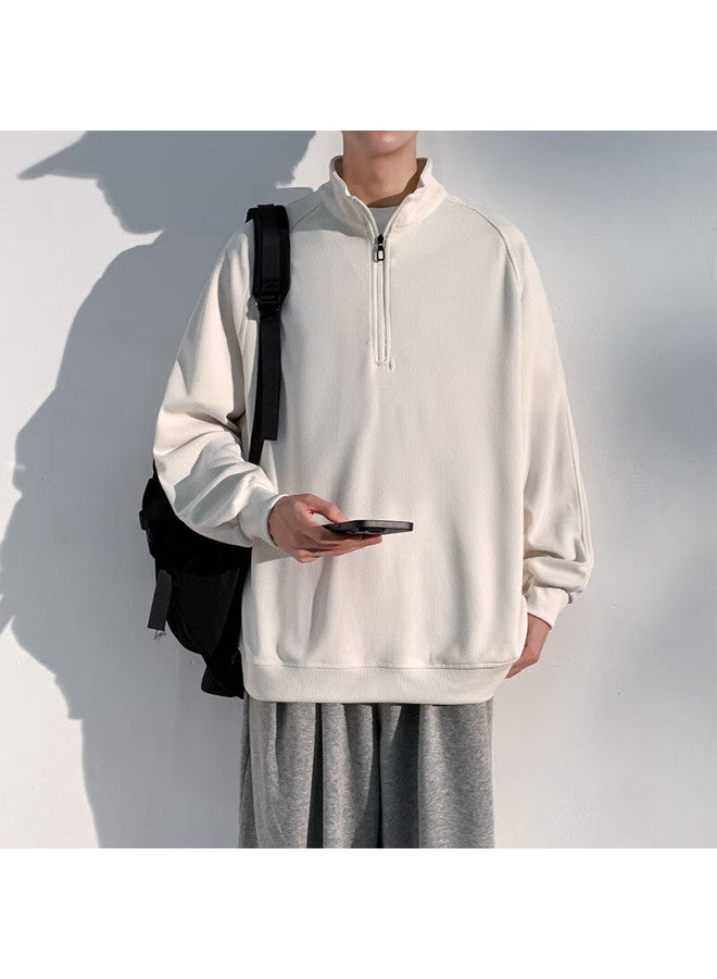 Homlean American-style High-end Hoodie For Men, Autumn Loose-fit Trendy Pullover Stand-collar Half-zip Base Layer Hm06 Off-white XL - Image 4