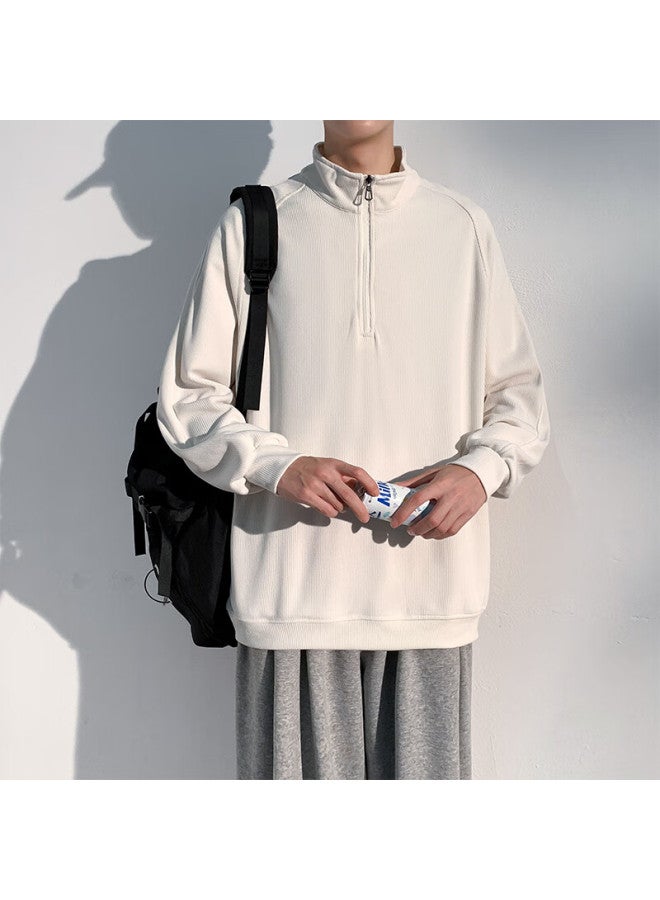Homlean American-style High-end Hoodie For Men, Autumn Loose-fit Trendy Pullover Stand-collar Half-zip Base Layer Hm06 Off-white XL - Image 5