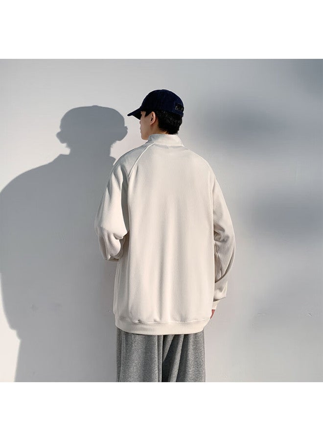 Homlean American-style High-end Hoodie For Men, Autumn Loose-fit Trendy Pullover Stand-collar Half-zip Base Layer Hm06 Off-white XL - Image 2