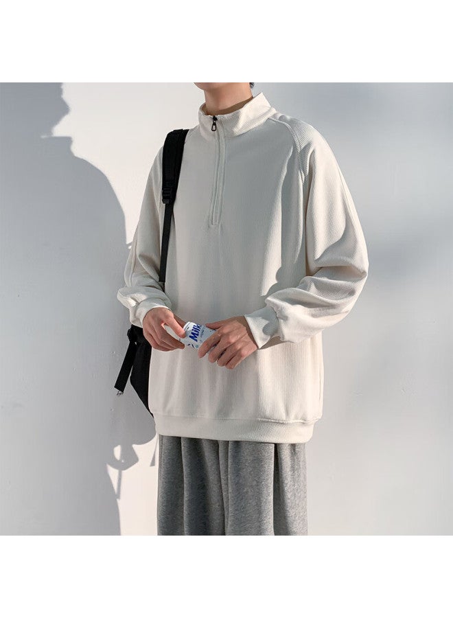 Homlean American-style High-end Hoodie For Men, Autumn Loose-fit Trendy Pullover Stand-collar Half-zip Base Layer Hm06 Off-white XL - Image 3