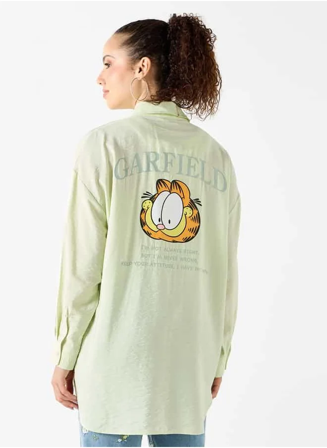 SP Characters Garfield Print Shirt with Collar and Long Sleeves