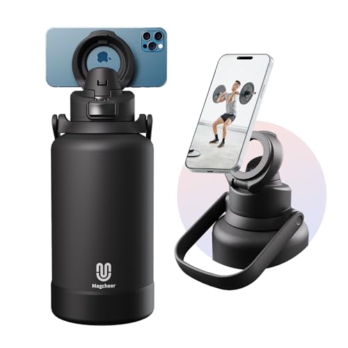 magcheer 64oz Insulated Magnetic Water Bottle - Stainless Steel Vacuum Flask with MagSafe Compatible Phone Holder Keeps Drinks Cold for 24 Hours Water Jug for Gym and Outdoor Activities（Balck) - Image 1