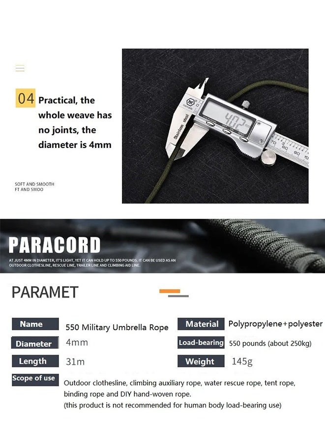 Generic - 31m Paracord 9-strand Multi-functional Paracord Rope, Military Standard 550 Parachute Rope Braided Line For Outdoor Camping Hunting Hiking Climbing - Image 1