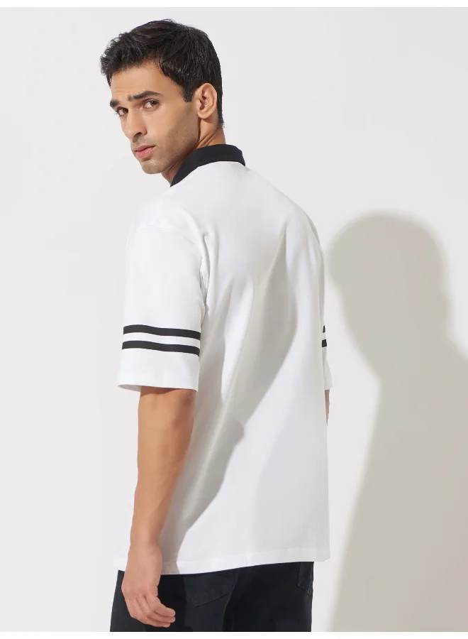 Maniac Mens Printed Polo Neck 3/4th Sleeve White and Black Cotton Oversized T-Shirt