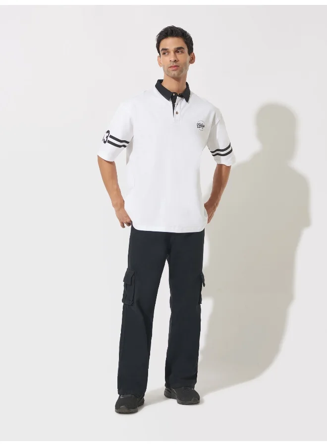 Maniac Mens Printed Polo Neck 3/4th Sleeve White and Black Cotton Oversized T-Shirt