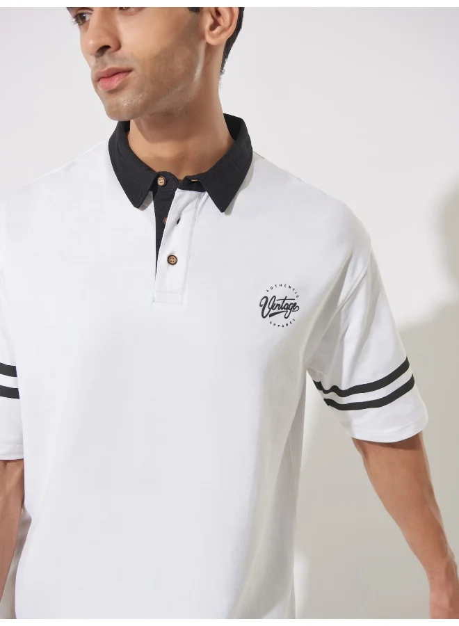 Maniac Mens Printed Polo Neck 3/4th Sleeve White and Black Cotton Oversized T-Shirt