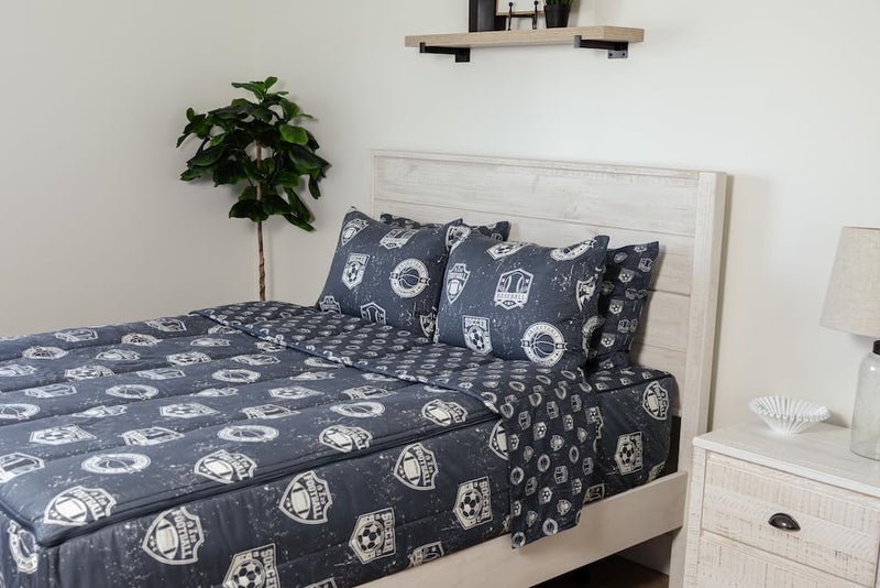 Beddy's Sports Theme Boys Durable Zipper Bedding for Kids, Bed in a Bag, Blue Sheets with Baseball, Football, Basketball, Soccer Comforter, Pillowcase & Pillow Sham, Easy to Make & Wash - Image 1