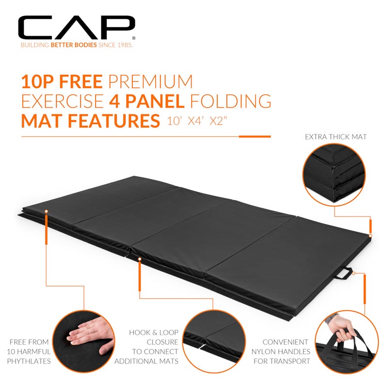 CAP Barbell Folding Exercise Mat â€“ Durable, Anti-Tear, Thick Padding for Fitness, Aerobics, Gymnastics & Home Workouts. 10' x 4' x 2" thick BLACK 10P Free - Image 3