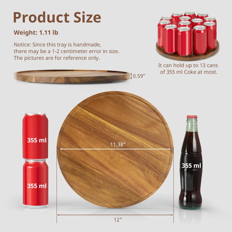 CMLKLZD 12 Inch Acacia Wood Round Tray, Wooden Decorative Serving Coffee Table Tray Centerpiece Candle Holder for Farmhouse Kitchen Dining Room Home Decor Coffee Table Decor and Accessories - Image 2