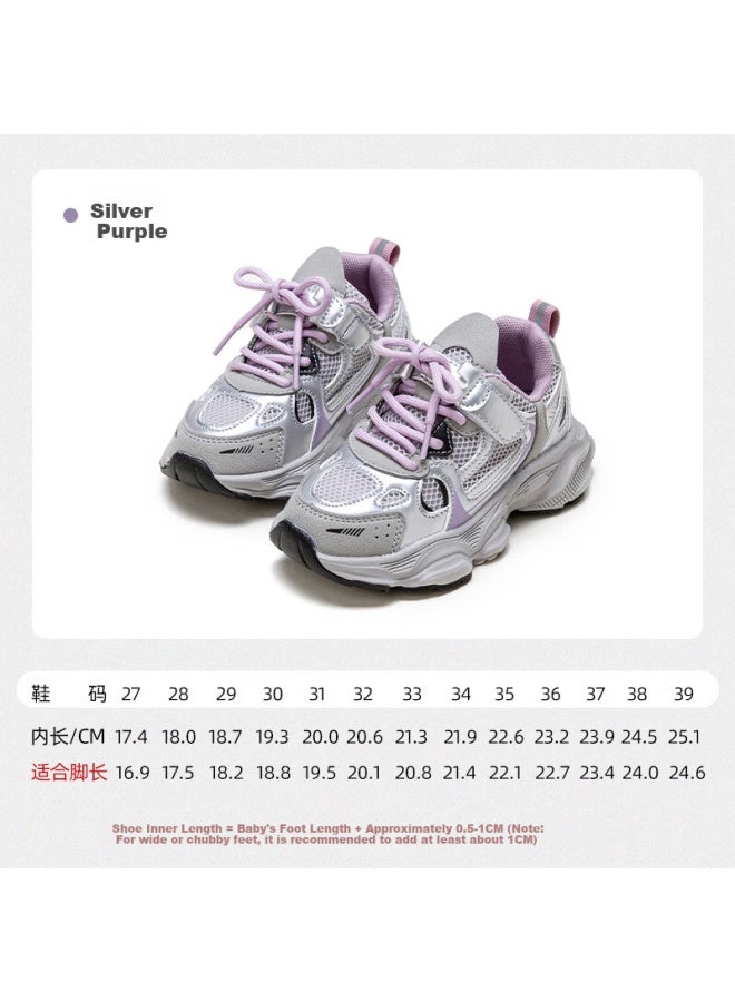 Fulomi Girls' Sports Shoes Spring And Autumn New Colorblock Non-slip Running Shoes Mesh Breathable Casual Shoes Silver Purple Size 28