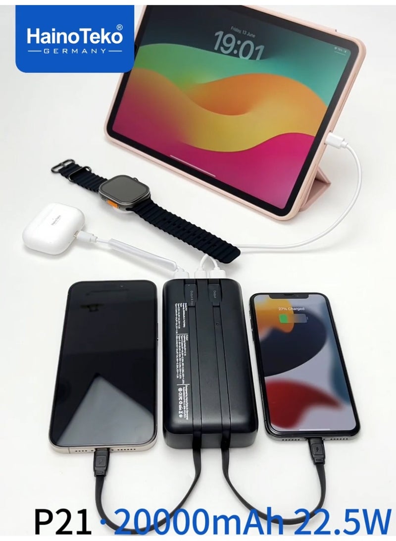 Haino Teko P21 20000mAh 22.5W Fast Charging Power Bank with LED Digital Display and Built-in Cables Silver - Image 5