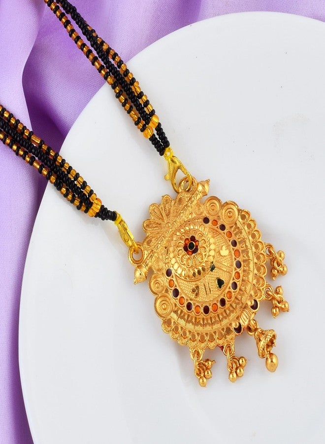 morir Ornate Gold-Plated Round Mangalsutra with Danglers & Black Beaded Chain - Image 4