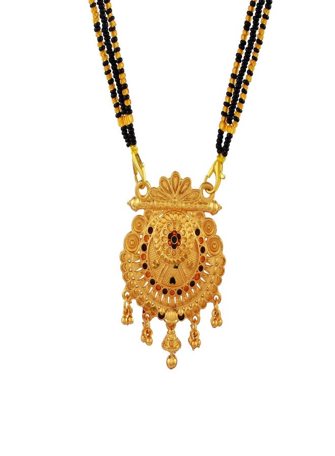 morir Ornate Gold-Plated Round Mangalsutra with Danglers & Black Beaded Chain - Image 1