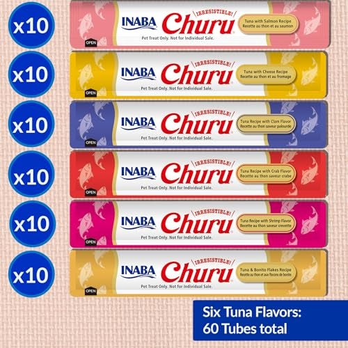 INABA Churu Cat Treats, Grain-Free, Lickable, Squeezable Creamy Purée Cat Treat/Topper, 60 Servings, Tuna Variety Box - Image 3