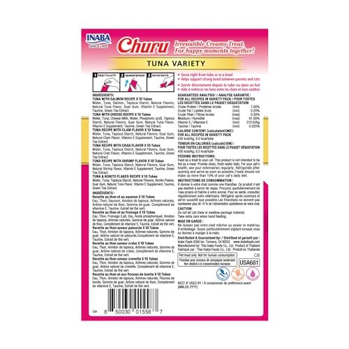 INABA Churu Cat Treats, Grain-Free, Lickable, Squeezable Creamy Purée Cat Treat/Topper, 60 Servings, Tuna Variety Box - Image 2