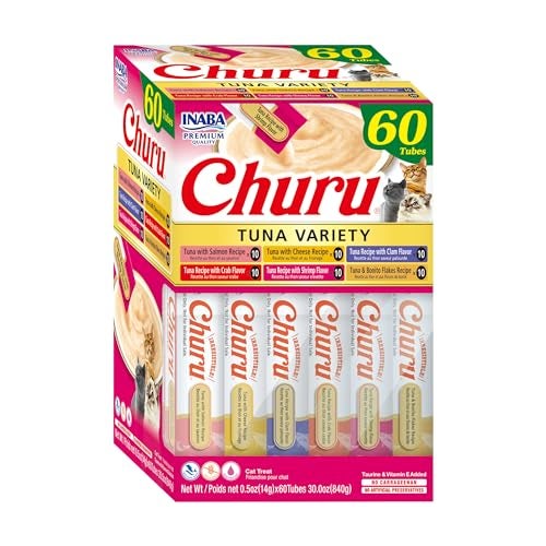 INABA Churu Cat Treats, Grain-Free, Lickable, Squeezable Creamy Purée Cat Treat/Topper, 60 Servings, Tuna Variety Box - Image 1