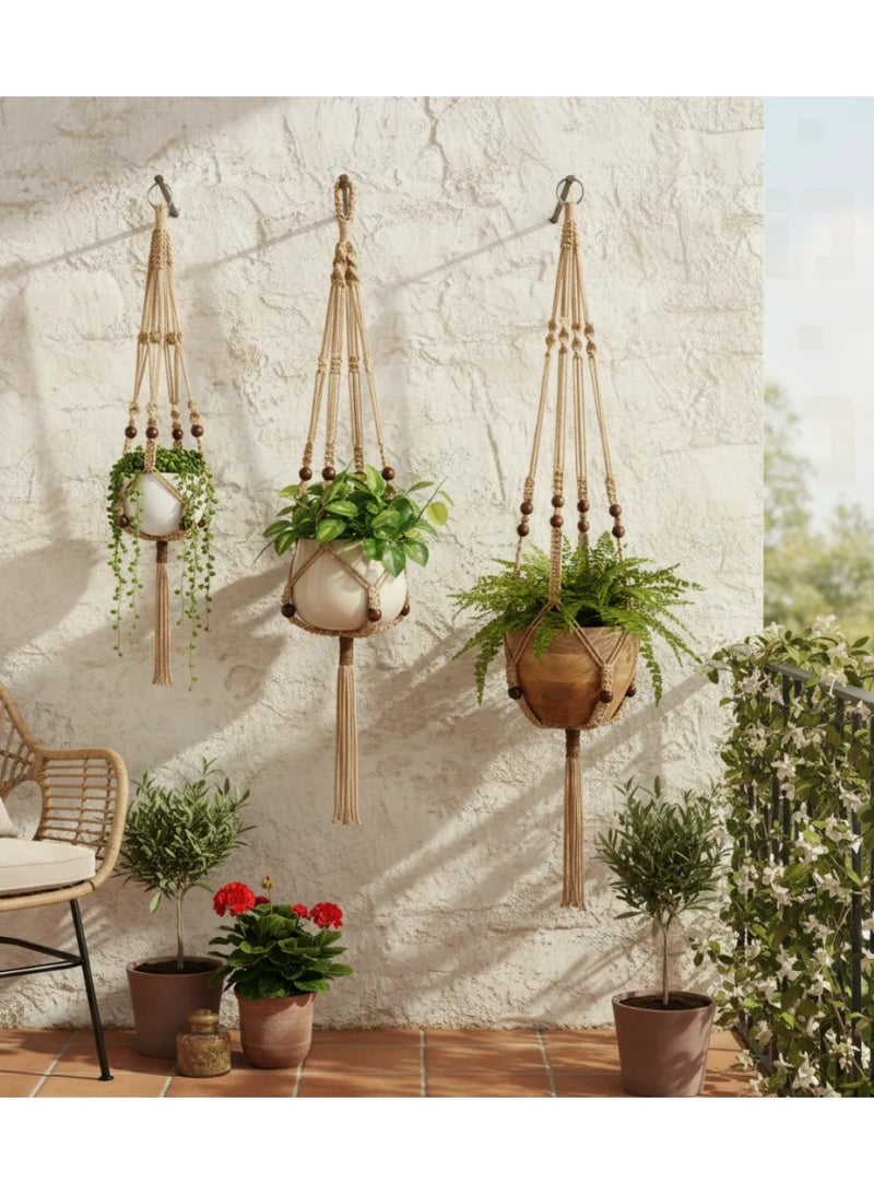 انتيكيانو 3 قطع من شماعات النباتات المكرمية الداخلية بأحجام مختلفة معلقة سلة وعاء الزهور مع خرز - Image 1