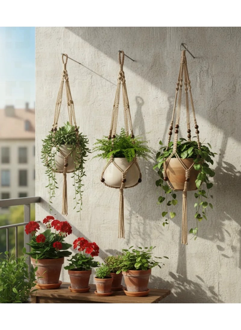 انتيكيانو 3 قطع من شماعات النباتات المكرمية الداخلية بأحجام مختلفة معلقة سلة وعاء الزهور مع خرز - Image 4