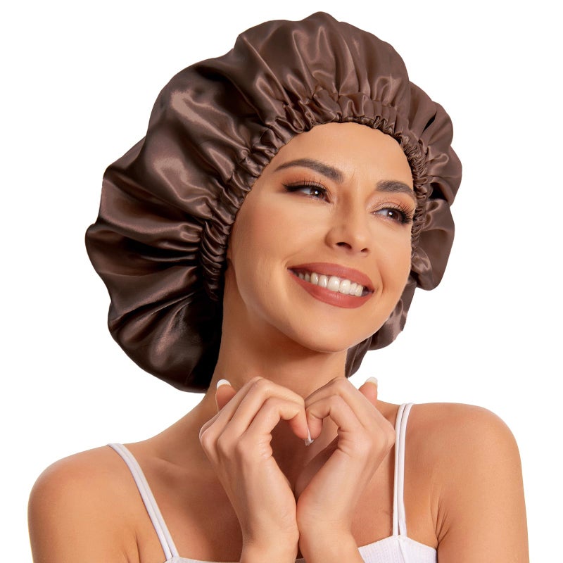 Edoneery Satin Bonnet Silk Bonnet Hair Bonnet for SleepingSlouchy Beanie Hat Satin Sleep Cap for Womens Natural  Curly HairBrown