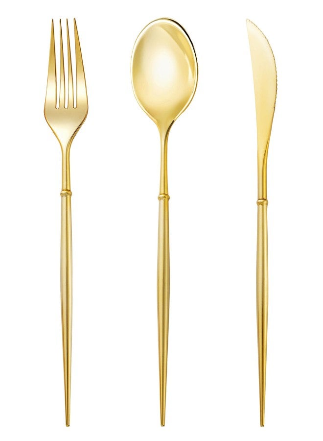 N9R 90PCS Gold Plastic Silverware, Gold Disposable Utensils, Gold Silverware Disposable, Disposable Cutlery includes: 30 Knives, 30 Forks, and 30 Spoons for Party, Birthday, Wedding - Image 1