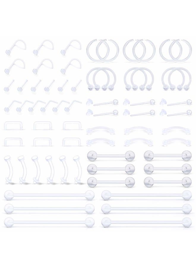 SCERRING 66PCS Clear Piercing Retainer Septum Nose Studs Flexible Lip Ear Nose Hoop Tongue Rings Ring Cartilage Rook Daith Earrings Plastic Industrial Piercing Jewelry Retainer - Image 1