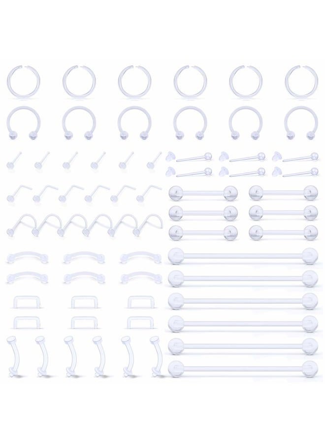 SCERRING 66PCS Clear Piercing Retainer Septum Nose Studs Flexible Lip Ear Nose Hoop Tongue Rings Ring Cartilage Rook Daith Earrings Plastic Industrial Piercing Jewelry Retainer - Image 2