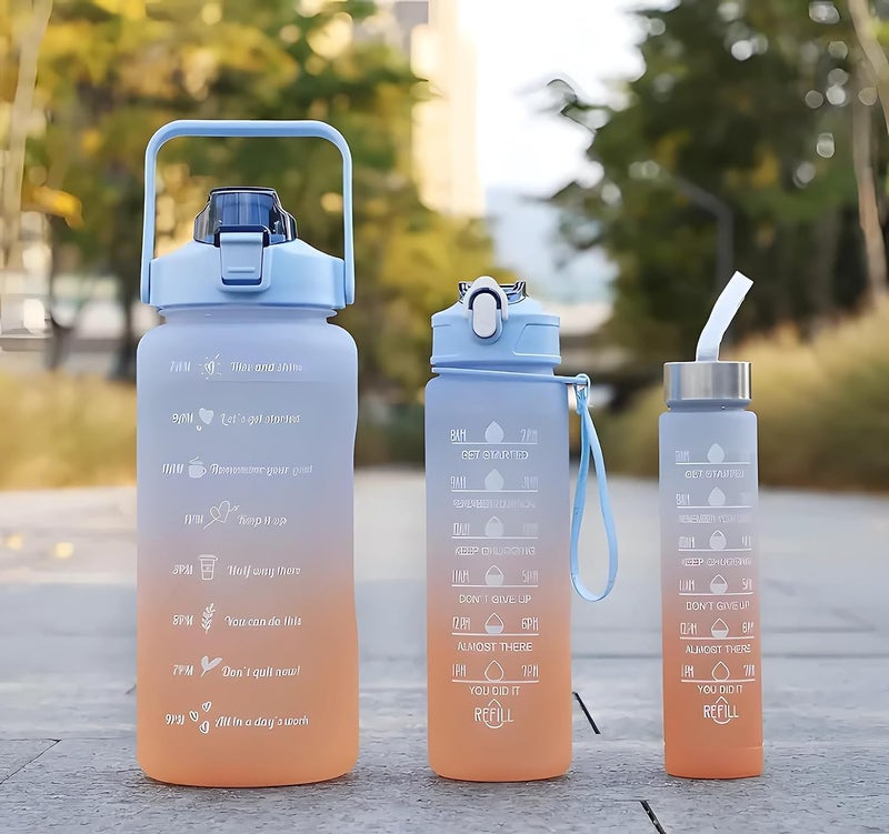 VHOI Water Bottle 3 Pcs Set with Motivational Time Marker with Straw Leakproof BPA free Nontoxic 2000ml 900ml 300ml Sipper Bottle for Office Sports Gym NOTE COLOR IS MULTICOLOR - Image 3