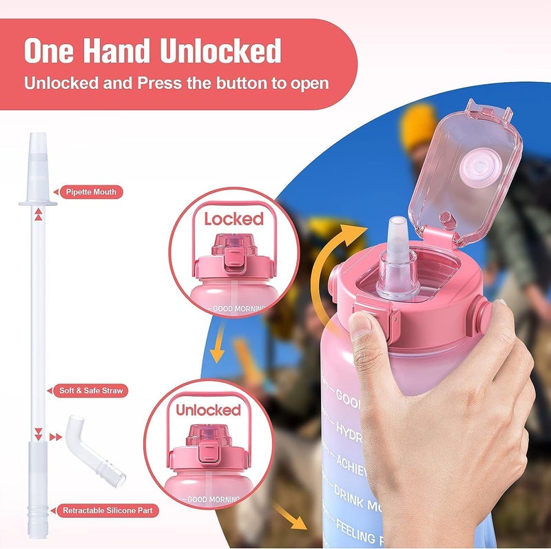 VHOI Water Bottle 3 Pcs Set with Motivational Time Marker with Straw Leakproof BPA free Nontoxic 2000ml 900ml 300ml Sipper Bottle for Office Sports Gym NOTE COLOR IS MULTICOLOR - Image 2