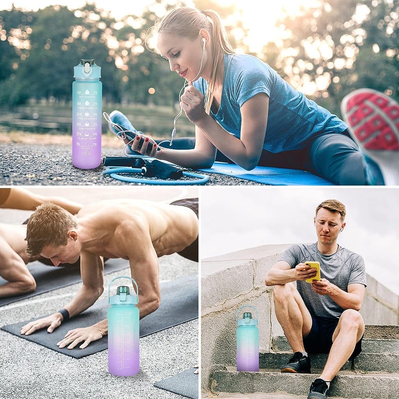 VHOI Water Bottle 3 Pcs Set with Motivational Time Marker with Straw Leakproof BPA free Nontoxic 2000ml 900ml 300ml Sipper Bottle for Office Sports Gym NOTE COLOR IS MULTICOLOR - Image 5