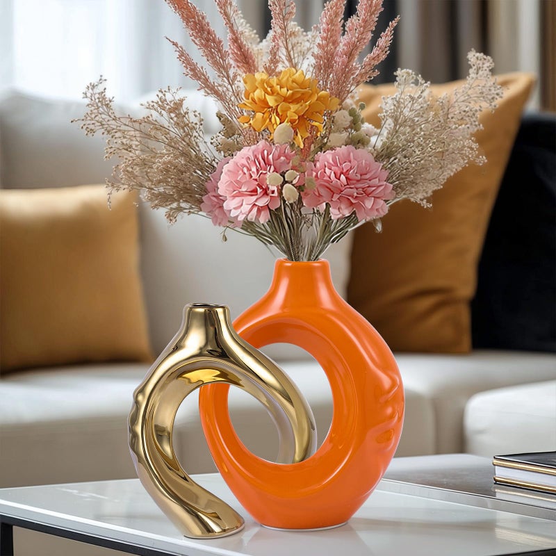 GAOSHENG Orange Gold Ceramic Vase Set of 2 for Modern Home Decor,Round Boho Vase for Pampas Grass,Neutral Minimalist Statue for Dining Room Table Centerpiece Dining Room,Wedding Table Decoration - Image 3