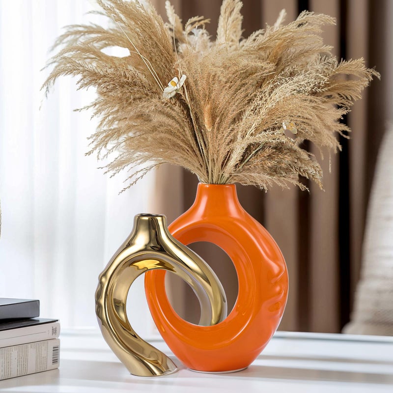 GAOSHENG Orange Gold Ceramic Vase Set of 2 for Modern Home Decor,Round Boho Vase for Pampas Grass,Neutral Minimalist Statue for Dining Room Table Centerpiece Dining Room,Wedding Table Decoration - Image 1