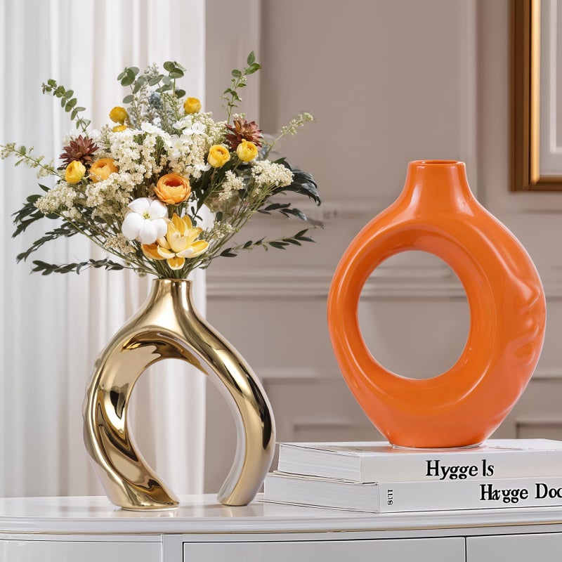 GAOSHENG Orange Gold Ceramic Vase Set of 2 for Modern Home Decor,Round Boho Vase for Pampas Grass,Neutral Minimalist Statue for Dining Room Table Centerpiece Dining Room,Wedding Table Decoration - Image 5