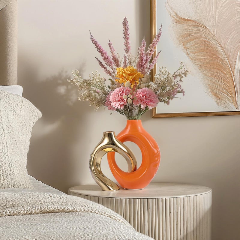 GAOSHENG Orange Gold Ceramic Vase Set of 2 for Modern Home Decor,Round Boho Vase for Pampas Grass,Neutral Minimalist Statue for Dining Room Table Centerpiece Dining Room,Wedding Table Decoration - Image 4