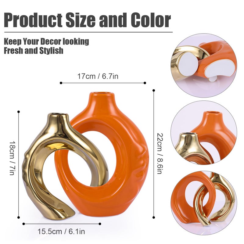 GAOSHENG Orange Gold Ceramic Vase Set of 2 for Modern Home Decor,Round Boho Vase for Pampas Grass,Neutral Minimalist Statue for Dining Room Table Centerpiece Dining Room,Wedding Table Decoration - Image 2