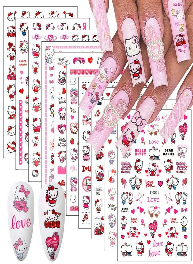 YKLWNN 10 Sheets Valentines Nail Art Stickers Cute Nail Stickers 3D Self-Adhesive Cute Heart Nail Art Design Kawaii Nails Supplies Cartoon Nail Decals for Women Girls DIY Manicure Chrams - Image 1