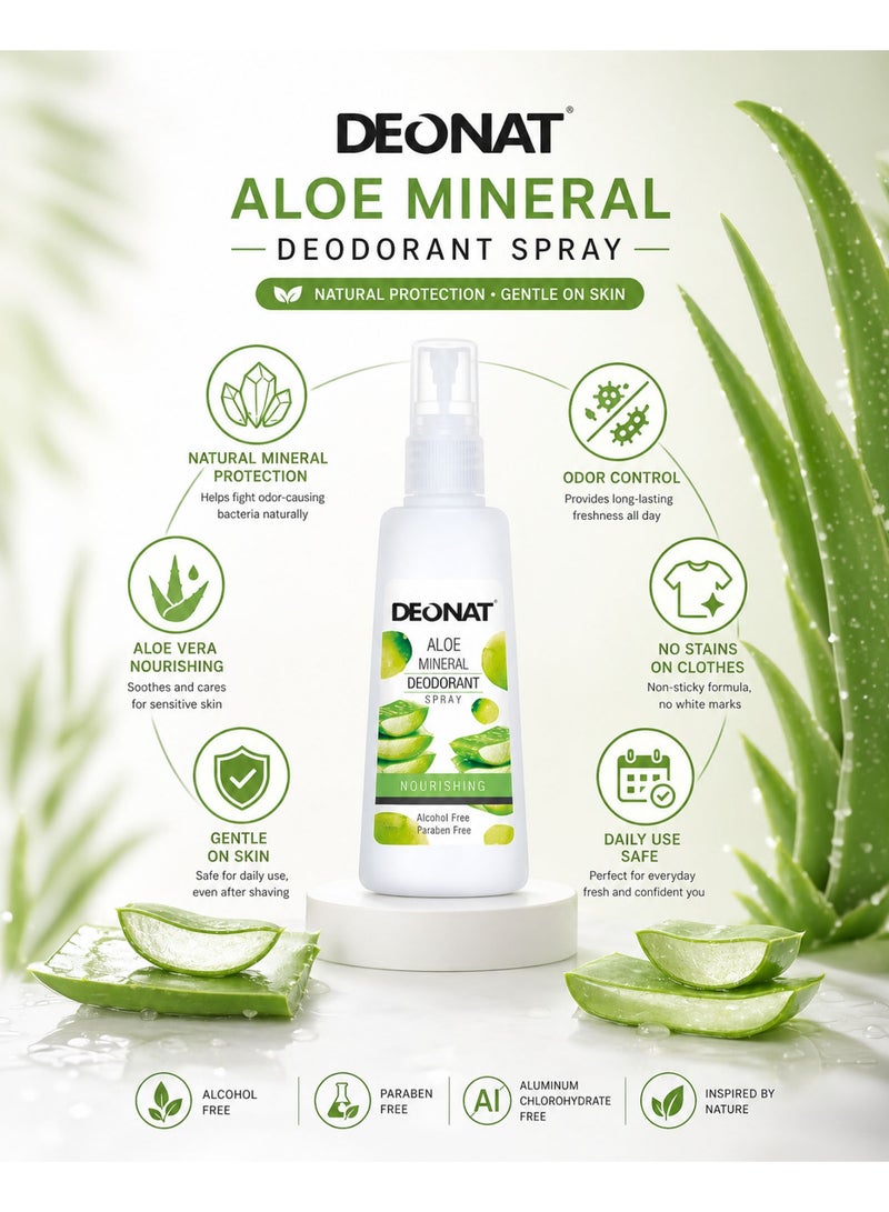DEONAT Aloe Mineral Deodorant Spray Nourishing with Aloe Vera Extract Hydrating Soothing Underarm Care Odor Protection Natural Mineral Deodorant Anti Bacterial Long Lasting Freshness Alcohol Free Paraben Free Gentle Skin Care for Men and Women Daily Use Sensitive Skin 100 ml Pack of 2 - Image 2