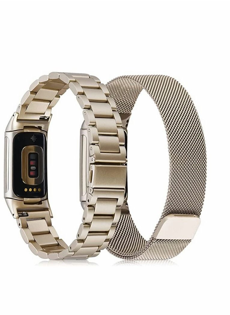 Compatible with Fitbit Charge 5 Bands Sets, 2 Pack Stainless Steel Metal Band Mesh Woven Magnetic Wristband Replacement for Fitbit Charge 5 Advanced Fitness  Health Tracker, Champaign Gold - Image 2