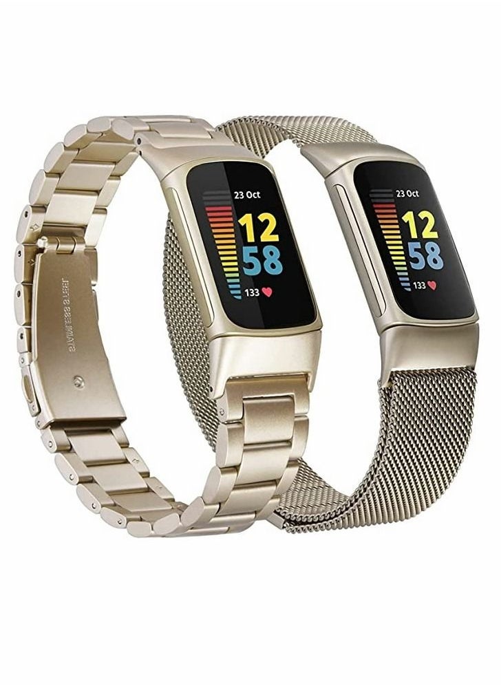 Compatible with Fitbit Charge 5 Bands Sets, 2 Pack Stainless Steel Metal Band Mesh Woven Magnetic Wristband Replacement for Fitbit Charge 5 Advanced Fitness  Health Tracker, Champaign Gold - Image 1