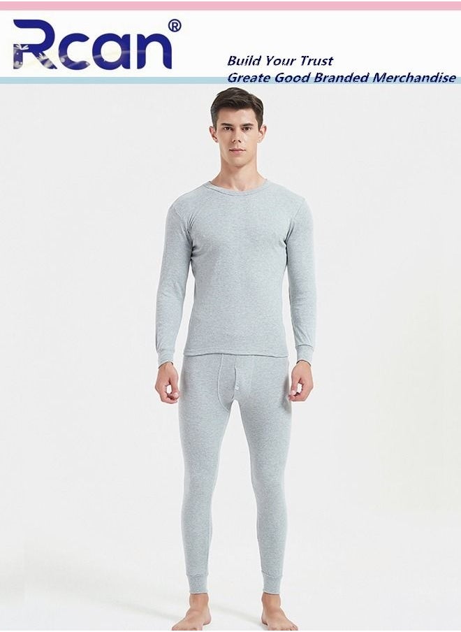 Rcan - 2 Piece Men's Round Neck Thermal Underwear Set Winter Pajamas Lightweight Slim Fitting Long Sleeved T-Shirt and Long Pants Lining Basic Layer Bottoming Shirt Plus Size - Image 1