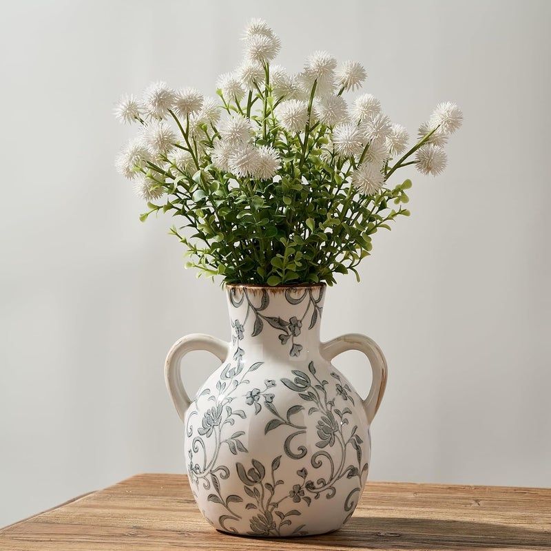 SIDUCAL Ceramic Vintage Pastoral Vase with Handles, 7 Inch Chinoiserie Floral Vase, Retro Ice Cracked Rustic Farmhouse Vases for Home Decor, Living Room, Bookshelf, Office, Tuscan Decor, Gray Floral - Image 4