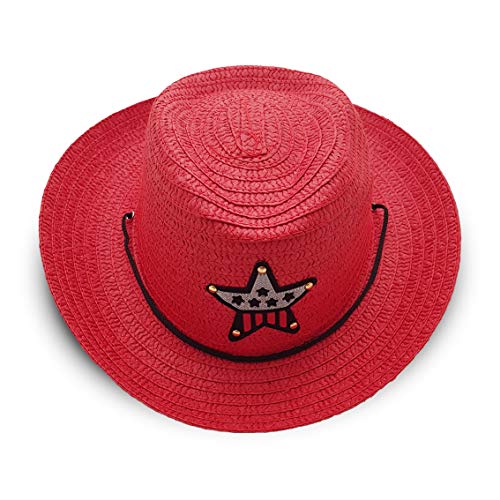 VRITRAZ Kids Summer Fashion Straw Bucket Cap, Suitable for 3-12 Years Hat (Color-Red) - Image 2