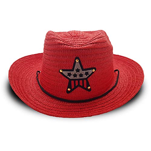 VRITRAZ Kids Summer Fashion Straw Bucket Cap, Suitable for 3-12 Years Hat (Color-Red) - Image 1