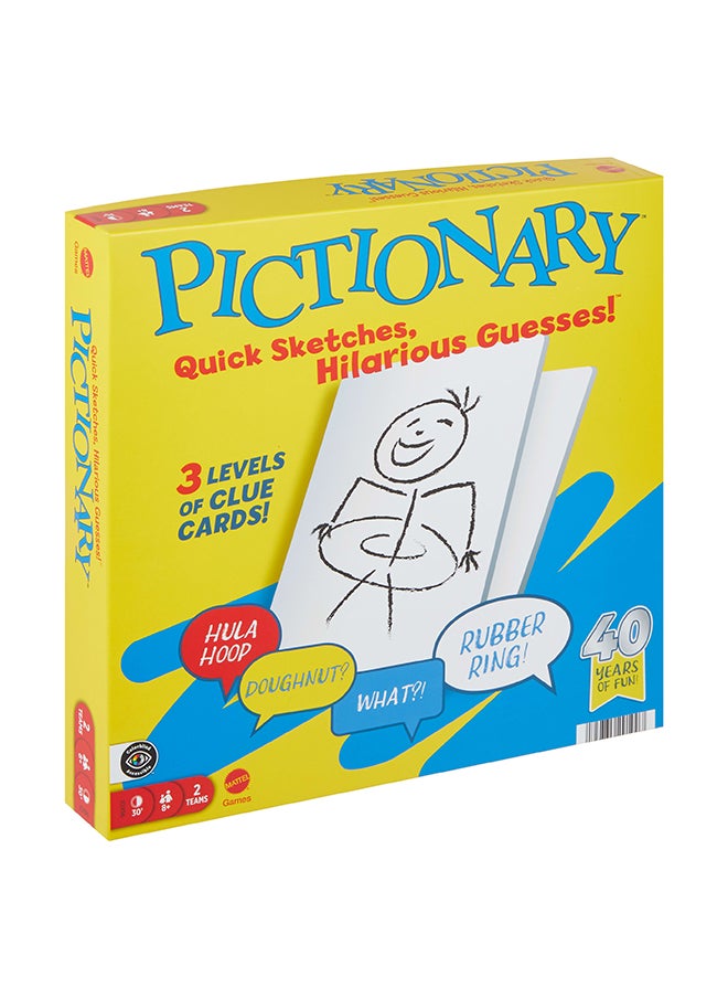 Mattel Games Pictionary Family Board Game for Kids, Adults and Game Night for 2 Teams with Erasable Markers, Boards and Sand Timer  - Image 1