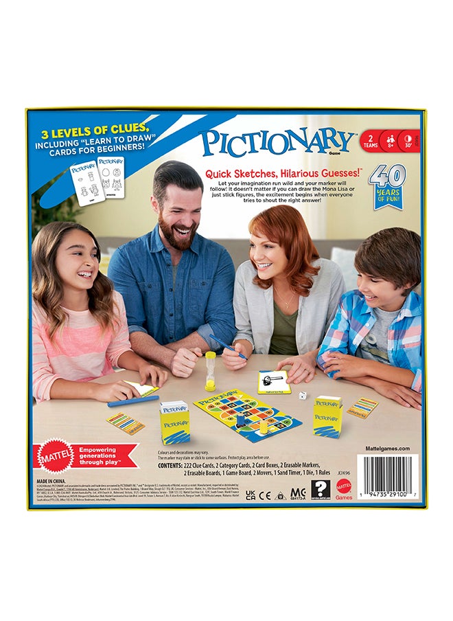 Mattel Games - Pictionary Family Board Game for Kids, Adults and Game Night for 2 Teams with Erasable Markers, Boards and Sand Timer - Image 1