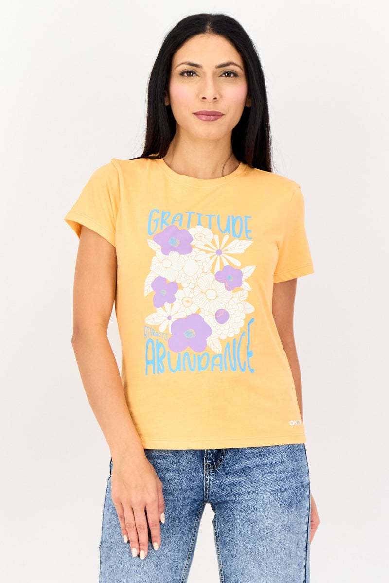 ONLY Women Crew Neck Short Sleeve Graphic T Shirt, Orange - Image 1