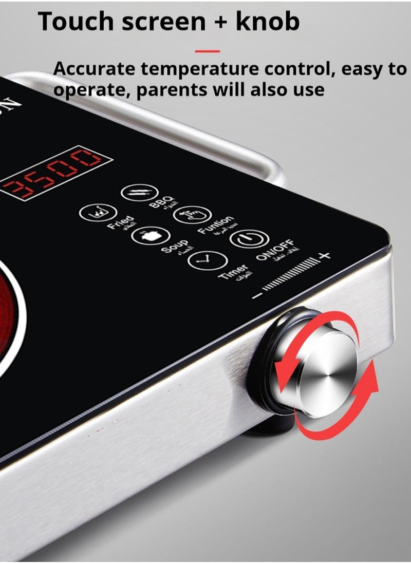 Generic - Portable Infrared Cooker Electric Burner with Timer-Electric Hot Plate Touch Control Panel Adjustable Heating Power Glass Plate Electric Cooktop for Cooking,It can be compatible with any material cookware, such as iron, stainless steel, glass, ceramic. (Unlike induction cookers, only iron pans can be used.) - Image 1