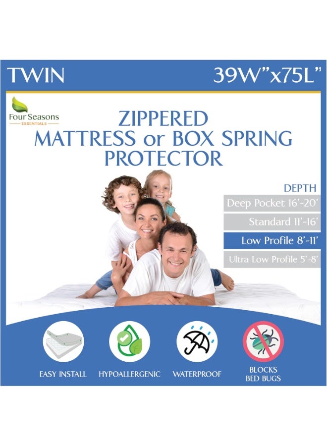 Four Seasons Essentials Twin Size Mattress or Box Spring Encasement (8"-11" Depth) Waterproof Zippered Protector Hypoallergenic Premium Single Size Bed Cover Protects from Dust White - Image 1